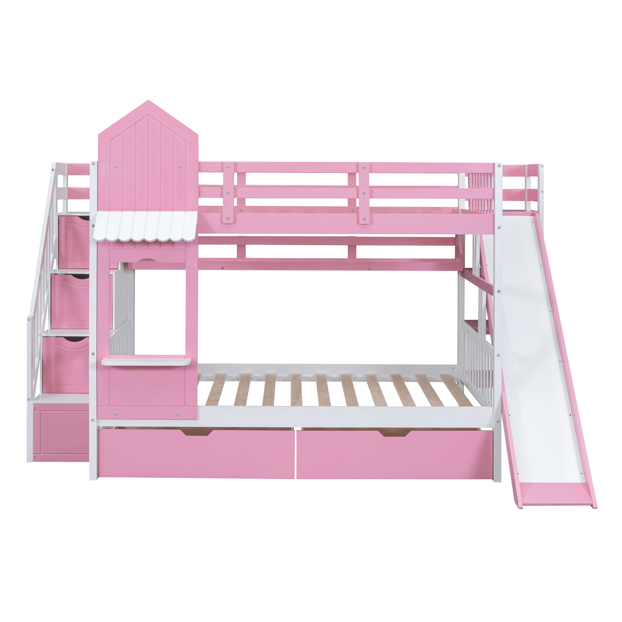Castle Style Full over Full Bunk Bed With 2 Drawers 3 Shelves And Slide