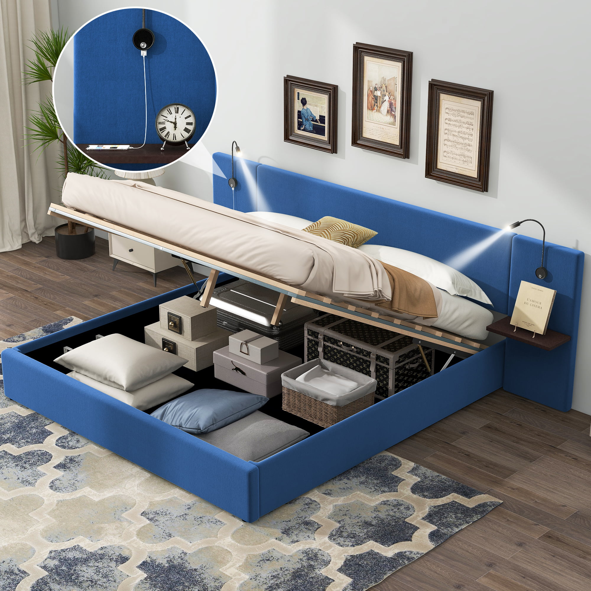 Queen Size Storage Upholstered Hydraulic Platform Bed with 2 Shelves, 2 Lights and USB