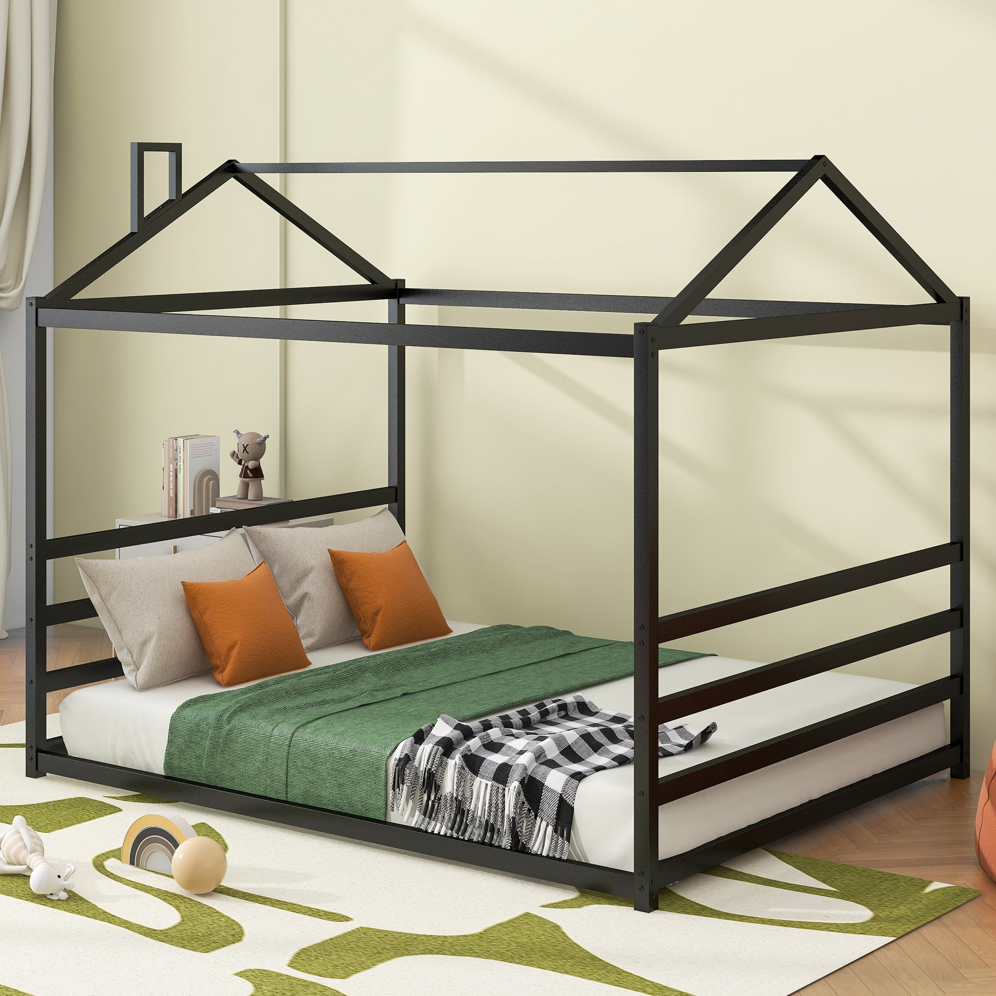Metal House Shape Platform Bed, Queen Size