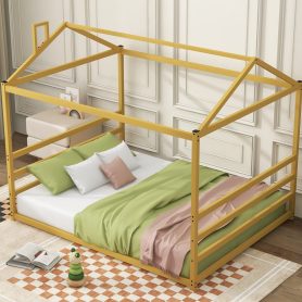 Metal House Shape Platform Bed, Queen Size