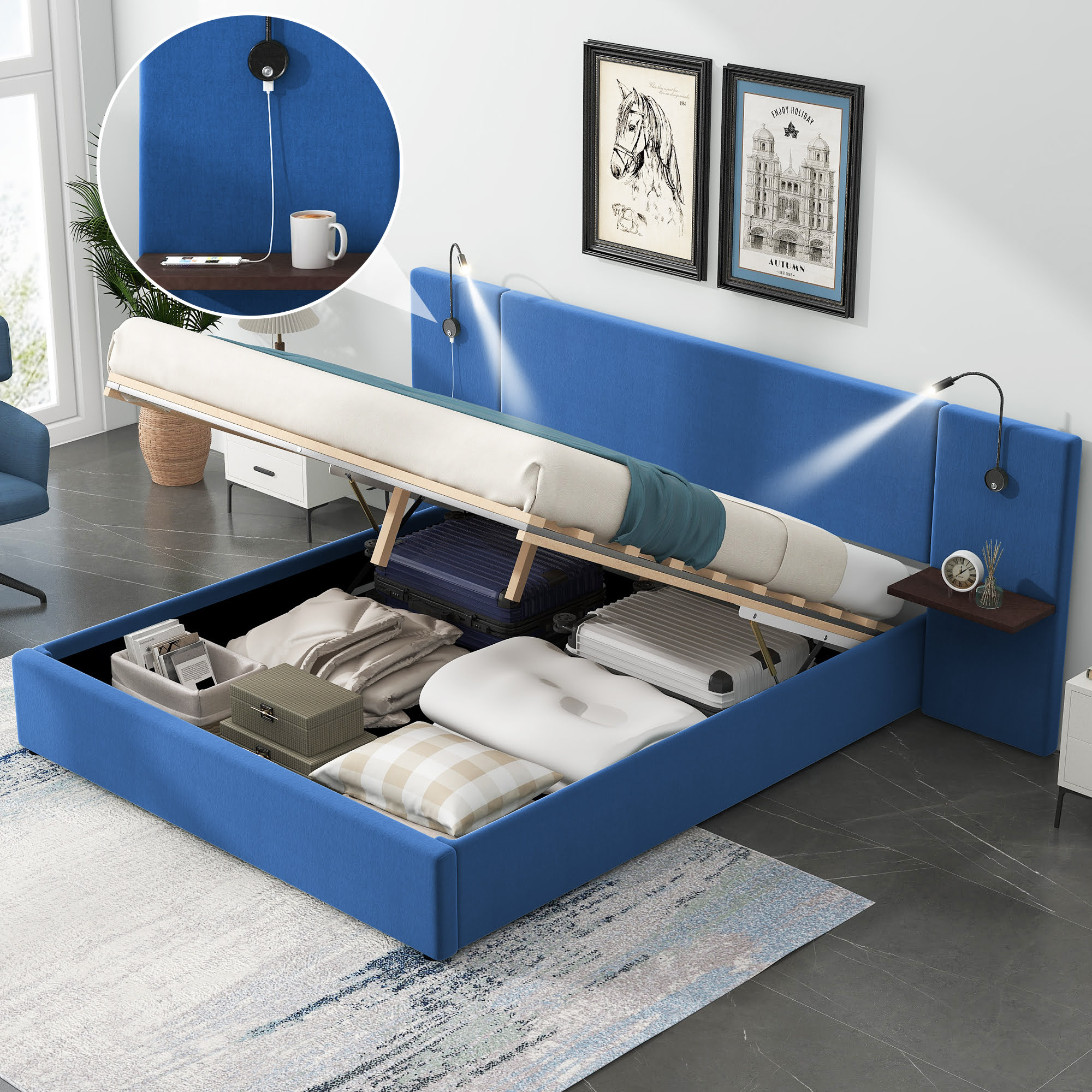 Full Size Storage Upholstered Hydraulic Platform Bed with 2 Shelves, 2 Lights and USB