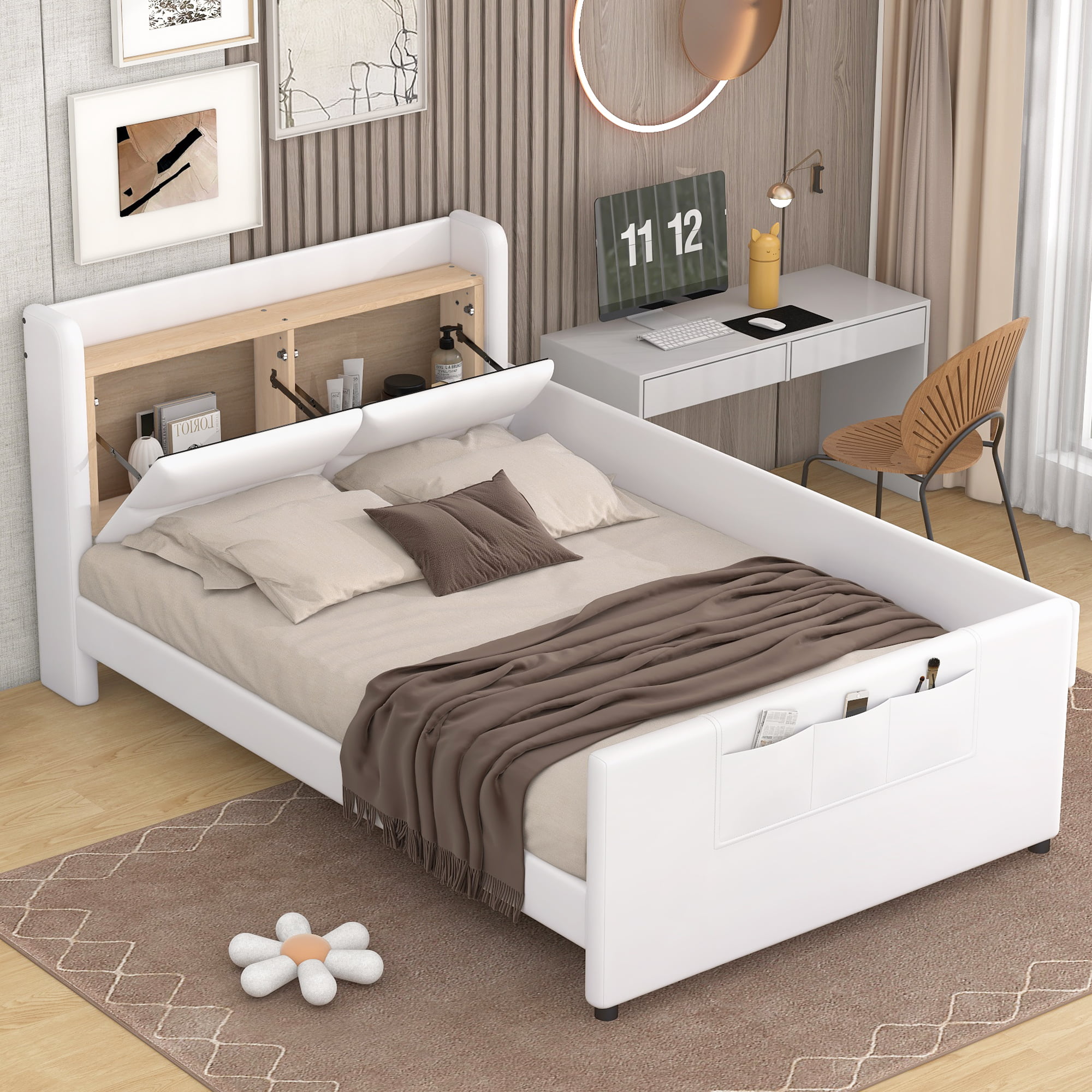 Twin Size Upholstered Platform Bed with Guardrail, Storage Headboard and Footboard