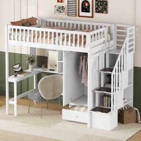 Twin size Loft Bed with Bookshelf, Drawers, Desk, and Wardrobe