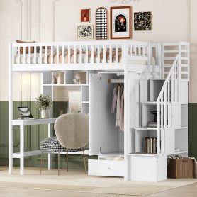 Twin size Loft Bed with Bookshelf, Drawers, Desk, and Wardrobe