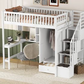 Twin size Loft Bed with Bookshelf, Drawers, Desk, and Wardrobe