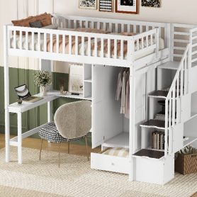 Twin size Loft Bed with Bookshelf, Drawers, Desk, and Wardrobe
