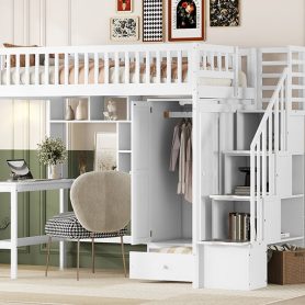 Twin size Loft Bed with Bookshelf, Drawers, Desk, and Wardrobe