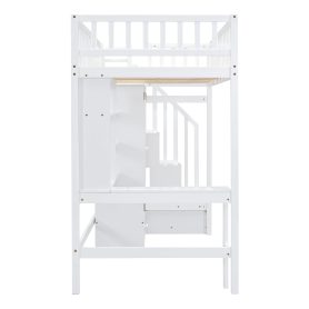 Twin size Loft Bed with Bookshelf, Drawers, Desk, and Wardrobe
