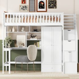 Twin size Loft Bed with Bookshelf, Drawers, Desk, and Wardrobe