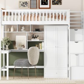 Twin size Loft Bed with Bookshelf, Drawers, Desk, and Wardrobe