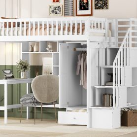 Twin size Loft Bed with Bookshelf, Drawers, Desk, and Wardrobe