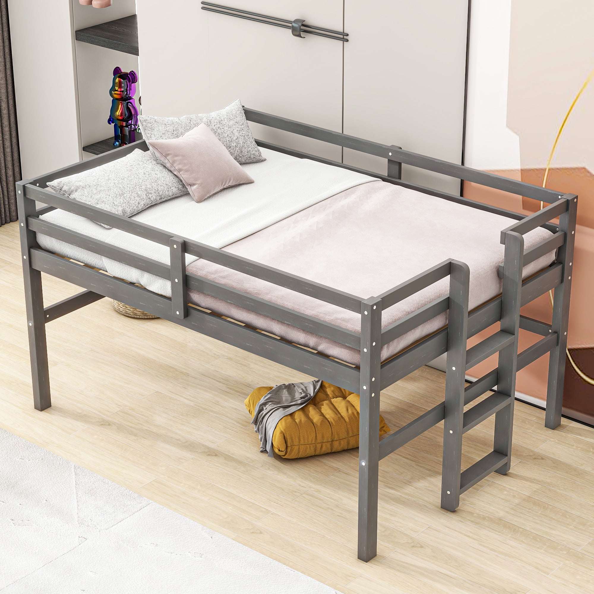 Wood Twin Size Loft Bed with Side Ladder