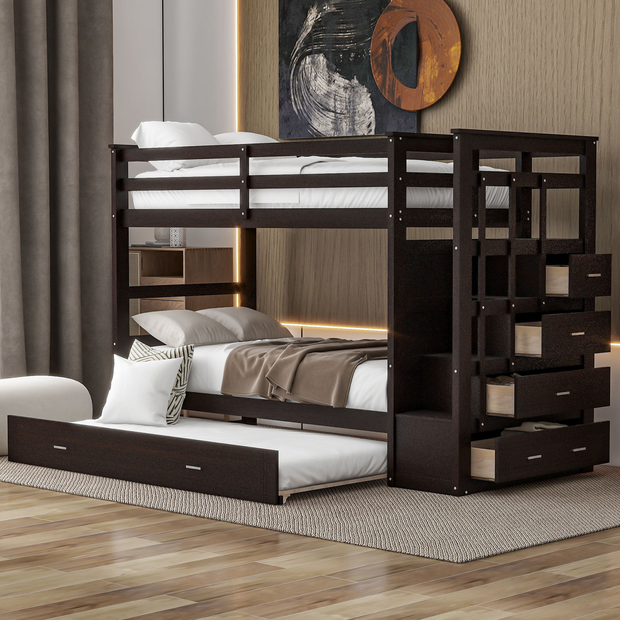 Hardwood Twin Over Twin Bunk Bed With Trundle And Staircase