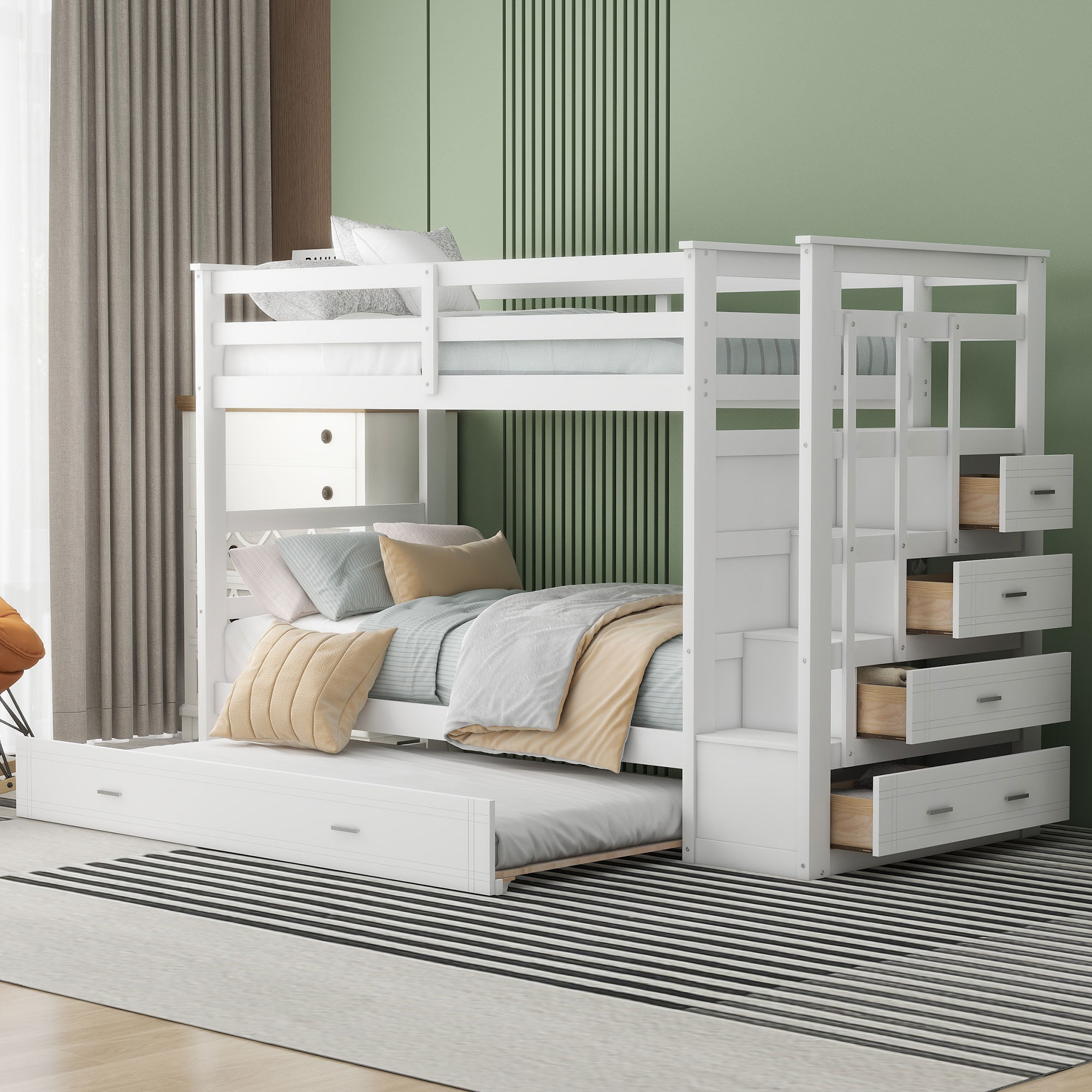Hardwood Twin Over Twin Bunk Bed With Trundle And Staircase