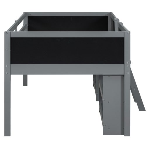 Twin Size Low Loft Bed with Two Movable Shelves and Ladder,with Decorative Guardrail Chalkboard