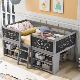 Twin Size Low Loft Bed with Two Movable Shelves and Ladder,with Decorative Guardrail Chalkboard 18 Twin Size Low Loft Bed with Two Movable Shelves and Ladder,with Decorative Guardrail Chalkboard