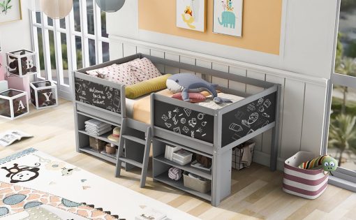 Twin Size Low Loft Bed with Two Movable Shelves and Ladder,with Decorative Guardrail Chalkboard