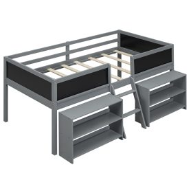 Twin Size Low Loft Bed with Two Movable Shelves and Ladder,with Decorative Guardrail Chalkboard 25 Twin Size Low Loft Bed with Two Movable Shelves and Ladder,with Decorative Guardrail Chalkboard