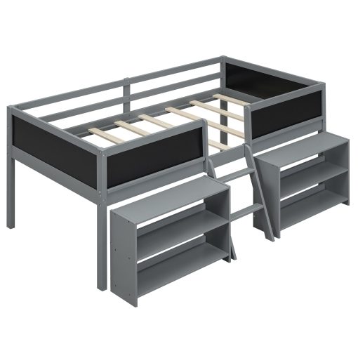 Twin Size Low Loft Bed with Two Movable Shelves and Ladder,with Decorative Guardrail Chalkboard