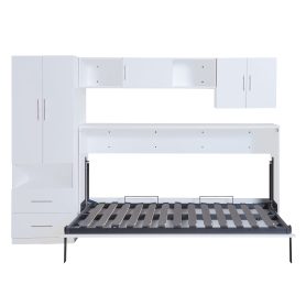 Twin Size Murphy Bed with Open Shelves and Storage Drawers, Built-in Wardrobe and Table