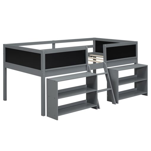Twin Size Low Loft Bed with Two Movable Shelves and Ladder,with Decorative Guardrail Chalkboard