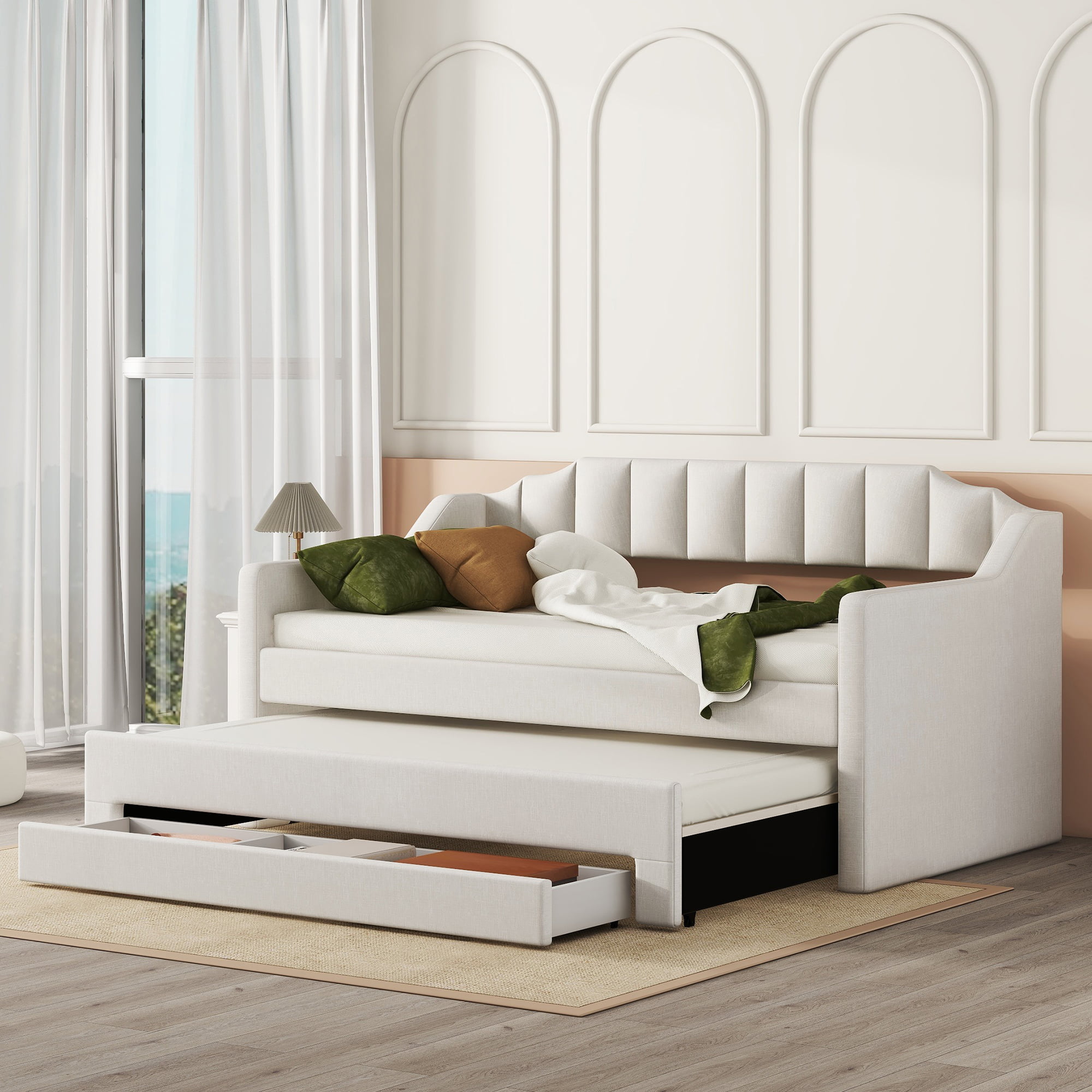 Upholstered Twin Size Daybed with Trundle and Three Drawers