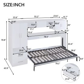 Twin Size Murphy Bed with Open Shelves and Storage Drawers, Built-in Wardrobe and Table