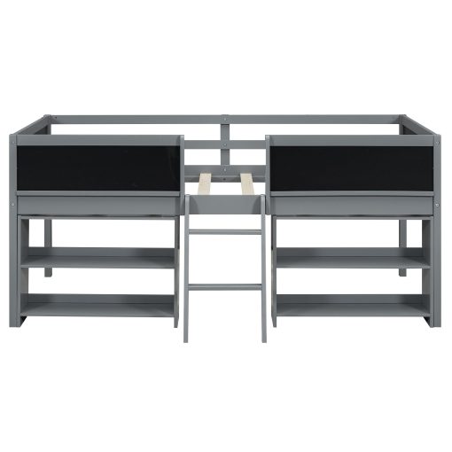 Twin Size Low Loft Bed with Two Movable Shelves and Ladder,with Decorative Guardrail Chalkboard