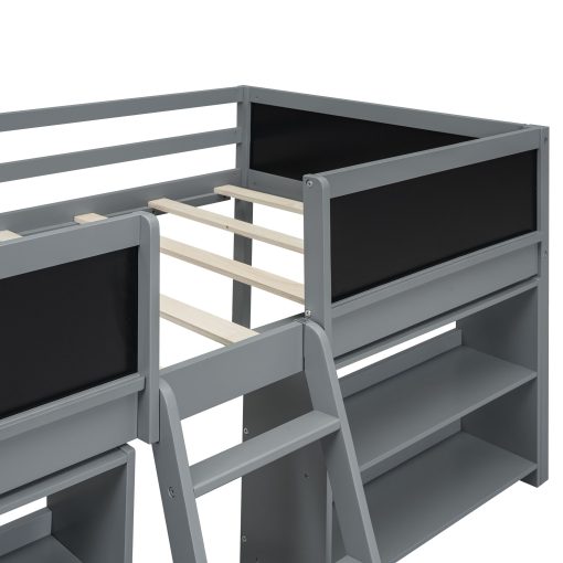 Twin Size Low Loft Bed with Two Movable Shelves and Ladder,with Decorative Guardrail Chalkboard