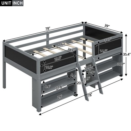 Twin Size Low Loft Bed with Two Movable Shelves and Ladder,with Decorative Guardrail Chalkboard