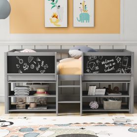 Twin Size Low Loft Bed with Two Movable Shelves and Ladder,with Decorative Guardrail Chalkboard