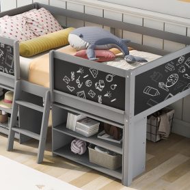 Twin Size Low Loft Bed with Two Movable Shelves and Ladder,with Decorative Guardrail Chalkboard 19 Twin Size Low Loft Bed with Two Movable Shelves and Ladder,with Decorative Guardrail Chalkboard