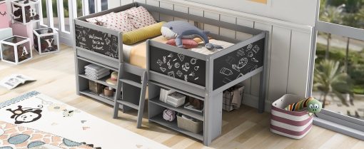 Twin Size Low Loft Bed with Two Movable Shelves and Ladder,with Decorative Guardrail Chalkboard