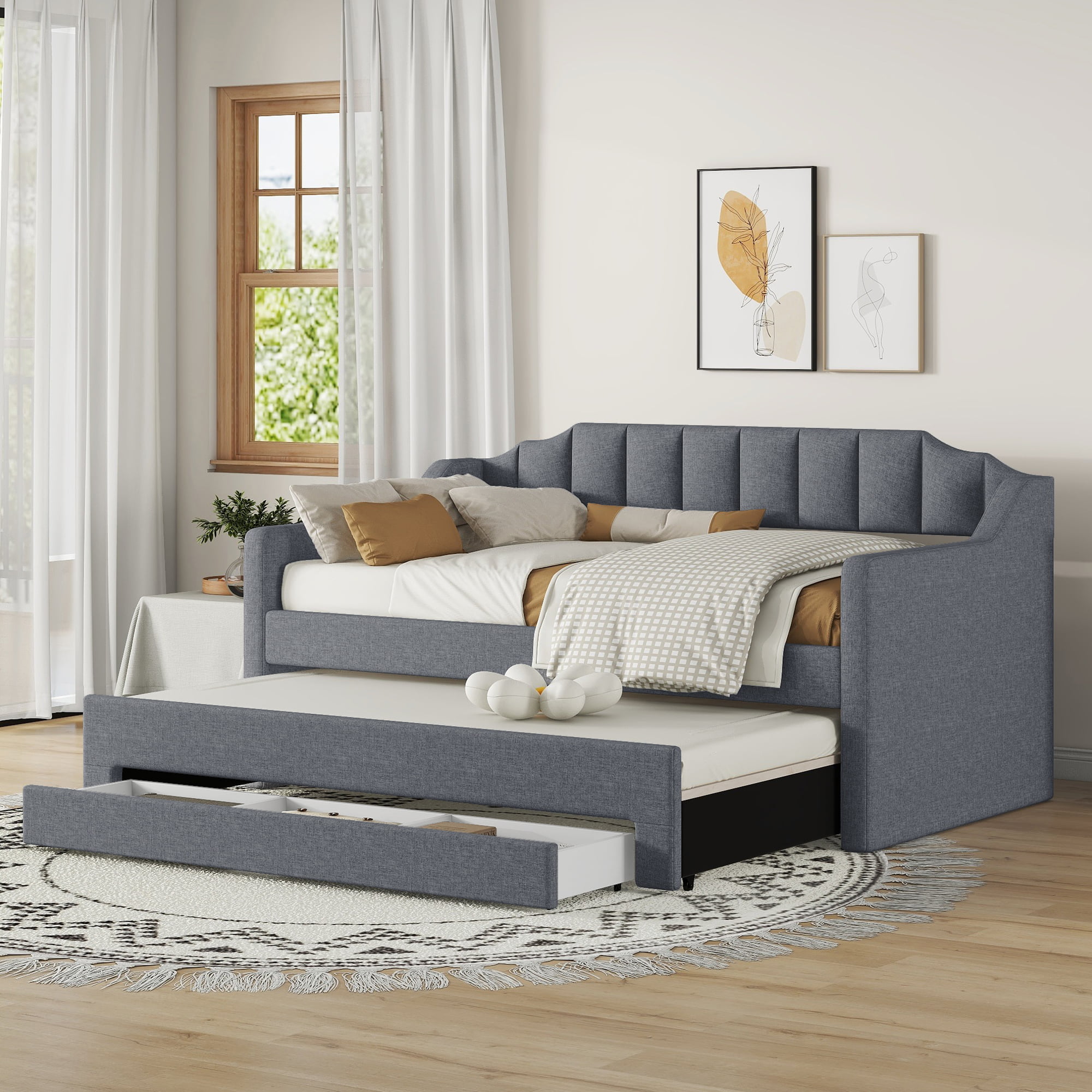 Upholstered Twin Size Daybed with Trundle and Three Drawers