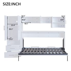 Twin Size Murphy Bed with Open Shelves and Storage Drawers, Built-in Wardrobe and Table