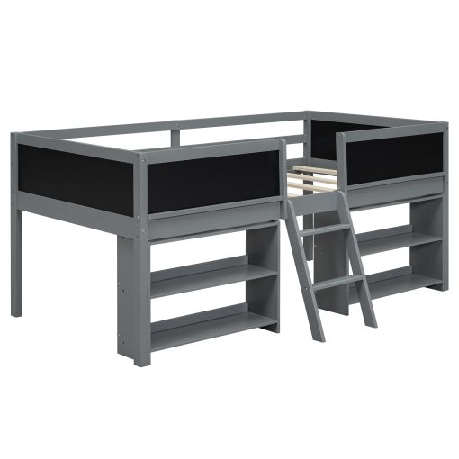 Twin Size Low Loft Bed with Two Movable Shelves and Ladder,with Decorative Guardrail Chalkboard