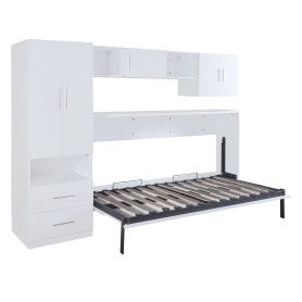 Twin Size Murphy Bed with Open Shelves and Storage Drawers, Built-in Wardrobe and Table
