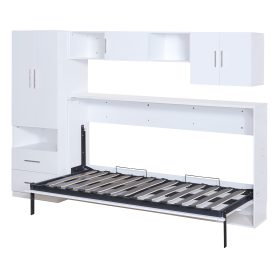 Twin Size Murphy Bed with Open Shelves and Storage Drawers, Built-in Wardrobe and Table