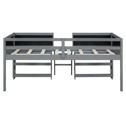 Twin Size Low Loft Bed with Two Movable Shelves and Ladder,with Decorative Guardrail Chalkboard