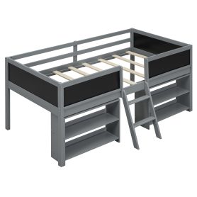 Twin Size Low Loft Bed with Two Movable Shelves and Ladder,with Decorative Guardrail Chalkboard 28 Twin Size Low Loft Bed with Two Movable Shelves and Ladder,with Decorative Guardrail Chalkboard