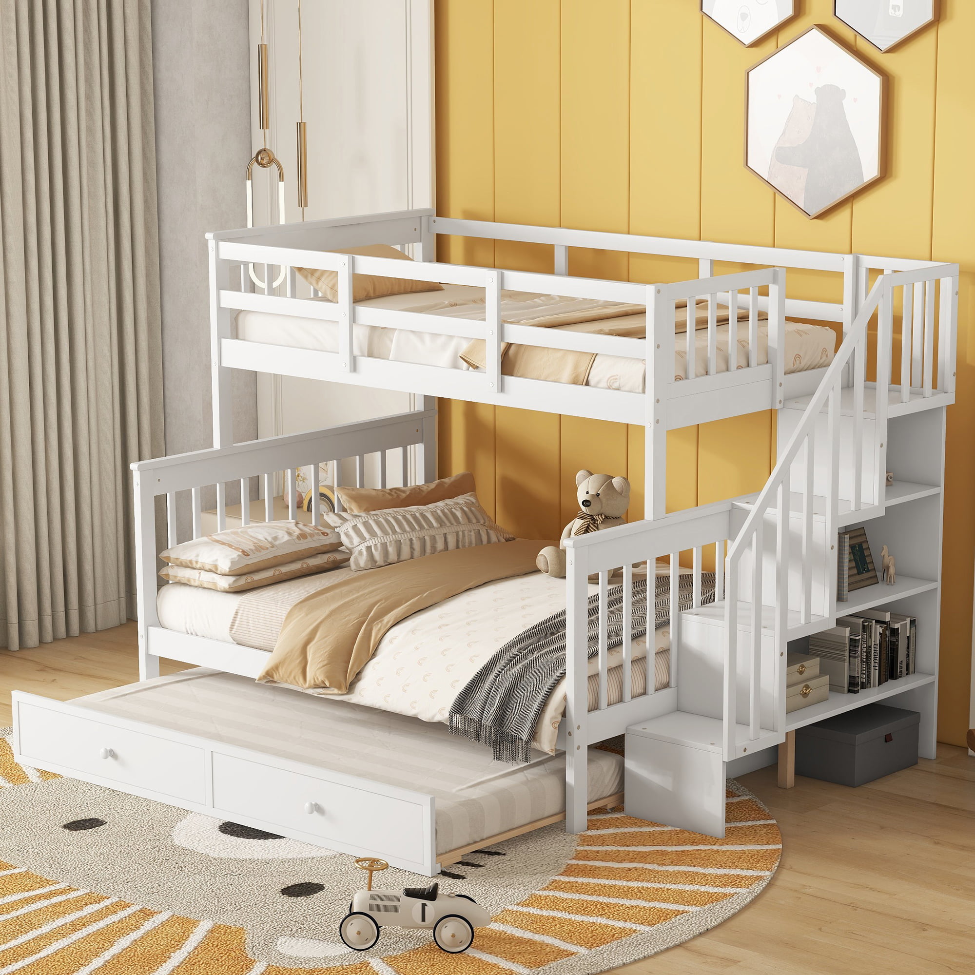 Stairway Twin over Full Bunk Beds With Twin Size Trundle, Storage And Guard Rail
