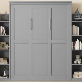 Queen Size Murphy Bed Wall Bed with Shelves and LED Lights