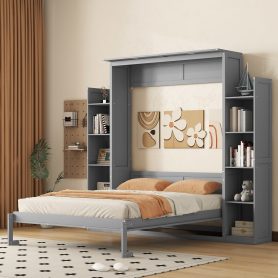 Queen Size Murphy Bed Wall Bed with Shelves and LED Lights