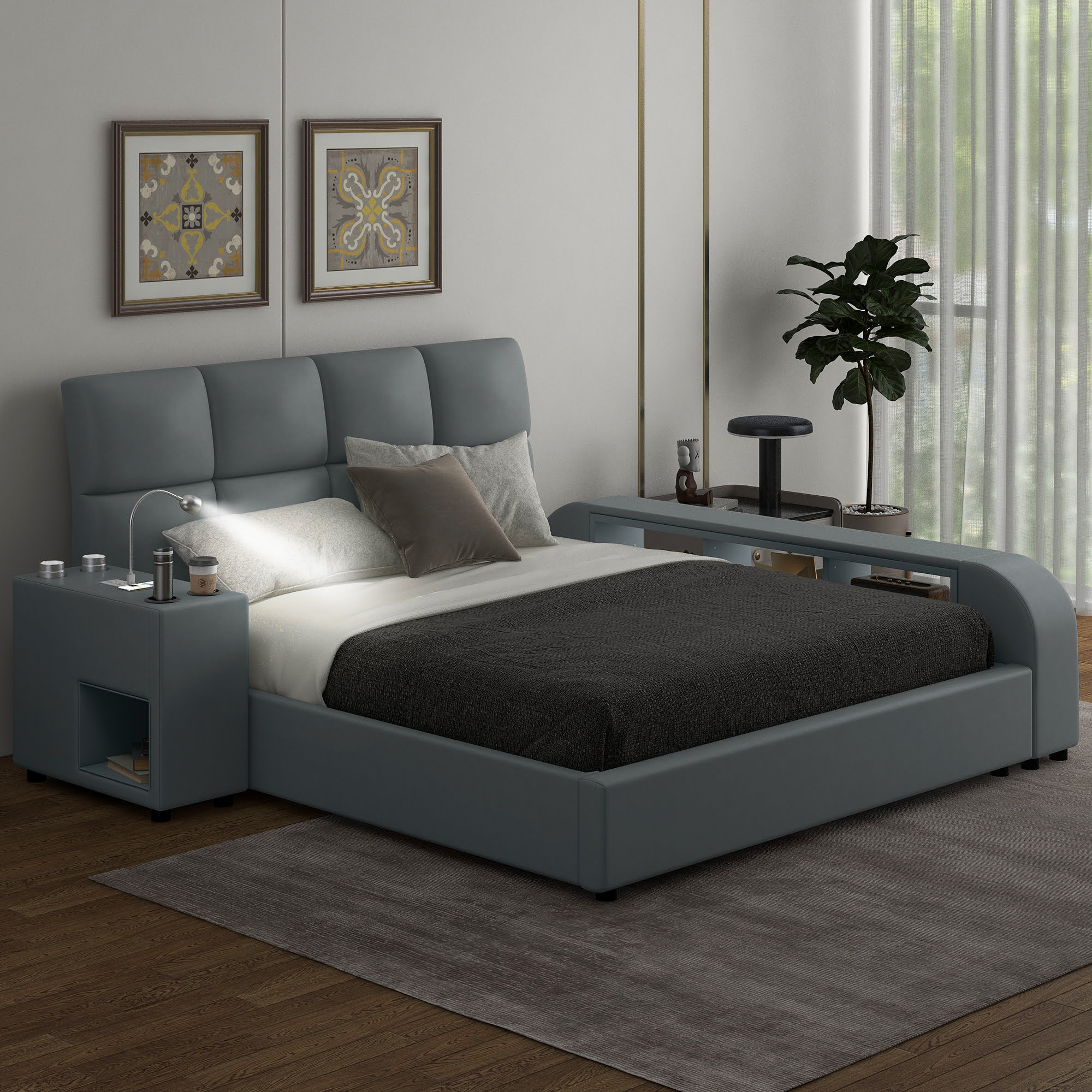 Queen Size Upholstered Platform Bed with Multimedia Nightstand and Storage Shelves