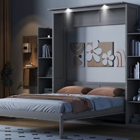 Queen Size Murphy Bed Wall Bed with Shelves and LED Lights