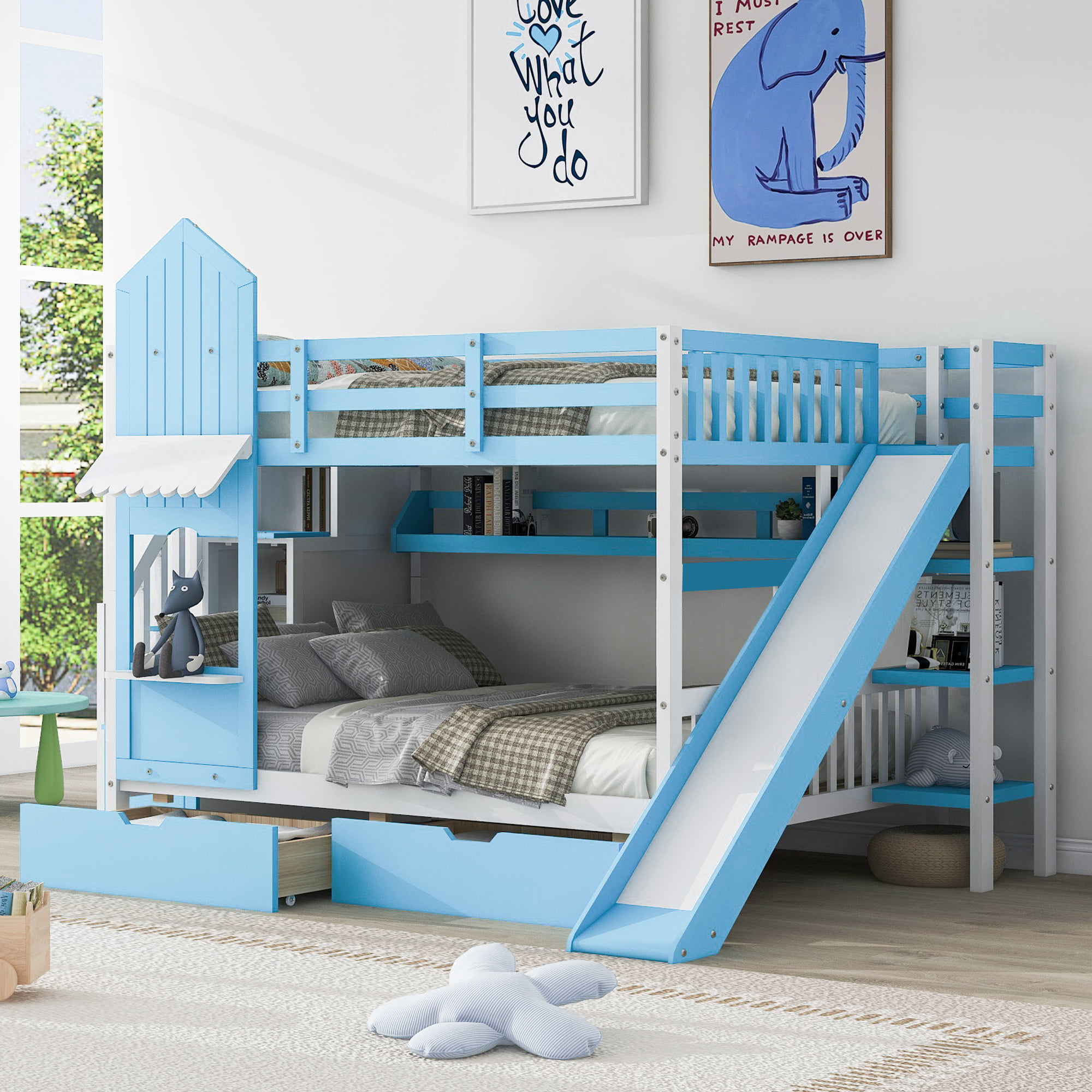 Castle Style Full over Full Bunk Bed With 2 Drawers 3 Shelves And Slide