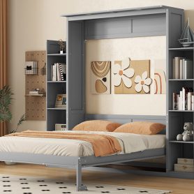Queen Size Murphy Bed Wall Bed with Shelves and LED Lights