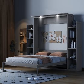 Queen Size Murphy Bed Wall Bed with Shelves and LED Lights
