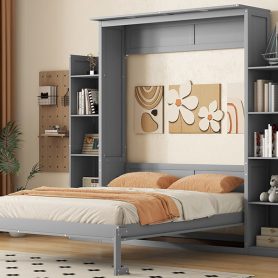 Queen Size Murphy Bed Wall Bed with Shelves and LED Lights