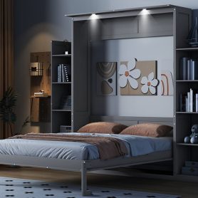Queen Size Murphy Bed Wall Bed with Shelves and LED Lights